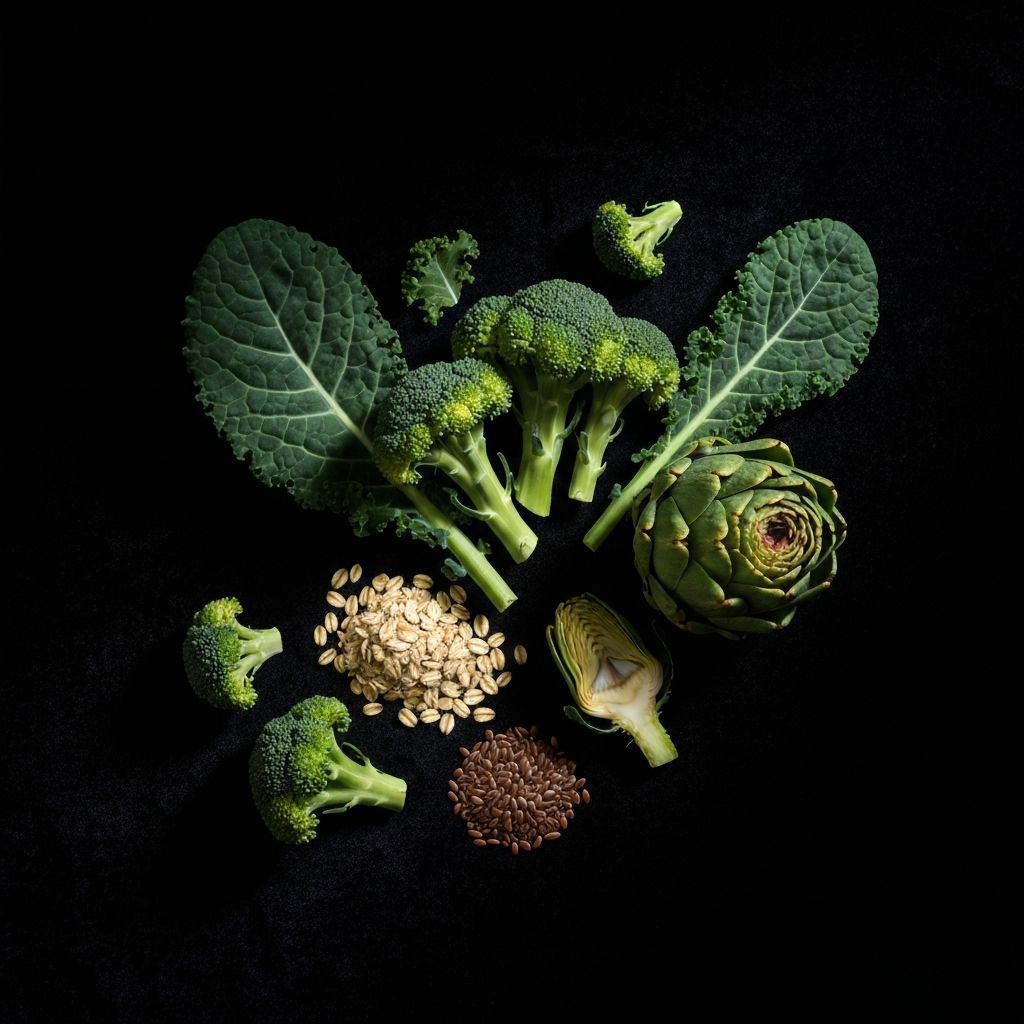 Leafy green vegetables and fiber-rich foods arranged on a dark background